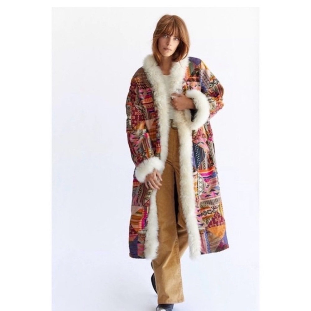 Free People Colorful Patchwork Teddy Jacket with Faux Fur
